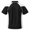 A black polo shirt with white panels on the sides and a collar. The back view highlights the design and colour contrast.