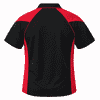 A black and red polo shirt with a sporty design, featuring a logo on the back.