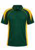 A green polo shirt with yellow accents and a logo on the chest. Ideal for casual or sporty wear.
