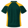 A polo shirt featuring a dark green body with yellow side panels and a collar, showcasing a logo on the back.