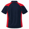 A polo shirt featuring a navy blue body with red accents on the sleeves and sides. It has a collar and a logo.