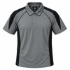 A grey polo shirt with black mesh side panels and a collar, featuring a logo on the upper back.