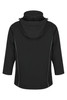 A black jacket with a hood, featuring zip details and a simple design. It has a logo on the garment.