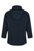 A navy jacket with a hood and zippered sides, featuring a sleek design and an attached neck collar.