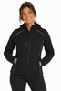 A soft shell jacket in black, featuring a zippered front and a hood, displayed on a model.