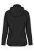 A soft shell jacket in black with a hood and white accents, featuring a logo on the back.