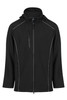A black soft shell jacket with a hood, featuring zippered pockets and contrasting trim.