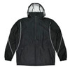 A black jacket with a hood and reflective detailing, featuring two side pockets and an adjustable drawstring hem.