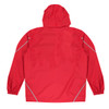 A red jacket with a hood, featuring elasticised cuffs and reflective detailing, presented from the rear view.