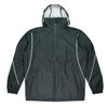 A dark green jacket with a hood, featuring white detailing and two zippered pockets.