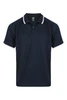 A navy blue men's polo shirt featuring a contrasting white collar and sleeve trim, with a logo on the upper section.