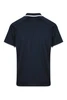 A navy polo shirt featuring a contrasting white trim and a logo on the back.