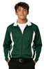 A green tracktop with white accents, featuring a zip front and collar. The model is wearing black trousers.