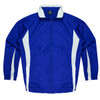 A blue track jacket with white side panels and a collar. It features a front zip and long sleeves.