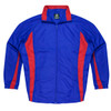A blue and red tracktop featuring a zip front and a high collar, with long sleeves and a logo.