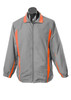 A grey tracktop with orange accents and a zip front, featuring a stand-up collar and elastic cuffs.