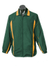 A green track jacket with yellow stripes, featuring a front zip and a collar. It has a logo on the chest area.
