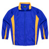 A blue tracktop with yellow side panels and a zip front. It features a collar and long sleeves.