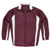A maroon track top featuring white side panels and a zippered front, with a collar and full-length sleeves.