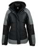 A black and grey jacket with a hood and a zip front, featuring a logo on the chest.