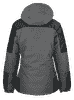 A jacket in grey with black accents, featuring a hood and a back view design. It has a logo.