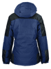 A navy and black jacket with a hood, featuring a sleek design and a logo on the back.