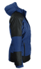 A blue and black jacket with a hood, featuring a branding logo on the sleeve.