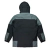 A jacket featuring a dark green and grey colour scheme, with a hood and elastic cuffs. It has a logo on it.