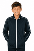 A navy blue kids' jacket with white piping, featuring a zip front and side pockets.