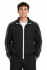 A black men's jacket with white stripes, featuring a zip front and a casual fit, with a logo present.