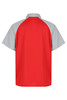 A red and grey polo shirt with short sleeves, featuring a back view and a logo.