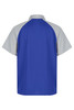 A polo shirt featuring a blue body with light grey sleeves, designed for kids. Includes a logo on the back.
