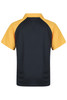 A black and yellow polo shirt featuring a classic collar and short sleeves, with a brand logo present.