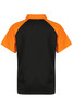 A black and orange polo shirt with a short-sleeved design and a collar. Features a logo on the fabric.