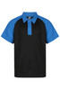 A black and blue polo shirt featuring a collar and short sleeves, with a logo on the label.