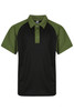 A polo shirt featuring a black body with green raglan sleeves and a buttoned collar. It has a logo on the chest.