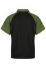 A polo shirt featuring a black body with green shoulder panels, designed for kids. Includes a logo.