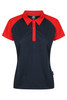 A polo shirt featuring a navy body and red sleeves, with a collar and button placket, plus a logo.