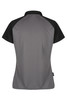 A grey and black polo shirt with a textured fabric and a collar, featuring a logo on the side.