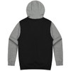 A hoodie featuring a grey hood and sleeves with a black body, complete with a logo on the back.