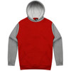 A red hoodie with grey sleeves and a front pocket. The hoodie features a hood and has a logo.