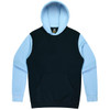 A hoodie featuring a navy body and light blue sleeves, complete with a front pocket and a hood.