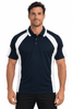 A navy blue polo shirt with white accents and a branding logo, featuring a classic collar and short sleeves.