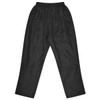 Black track pants with an elasticised waistband and a smooth finish, featuring a logo on the lower side.