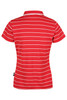 A red polo shirt with white stripes, featuring a collar and short sleeves. The shirt has a logo.