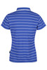 A blue and white striped polo shirt with a collar and a branded label at the hem.