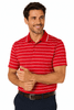 A red and white striped polo shirt worn by a smiling man, with a collar and short sleeves.