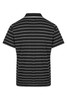A black and white striped polo shirt with a classic collar and short sleeves, featuring a logo.