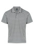 A grey striped polo shirt featuring a collar and short sleeves, with a logo on the label.