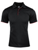 A black polo shirt featuring a red collar and sleeve trim, with a three-button placket and a logo.